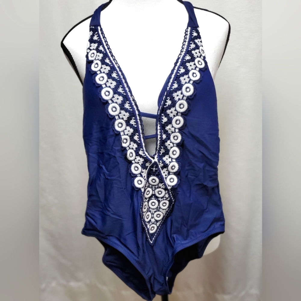 NWT Navy One Piece Halter Top with Crochet Trim size small